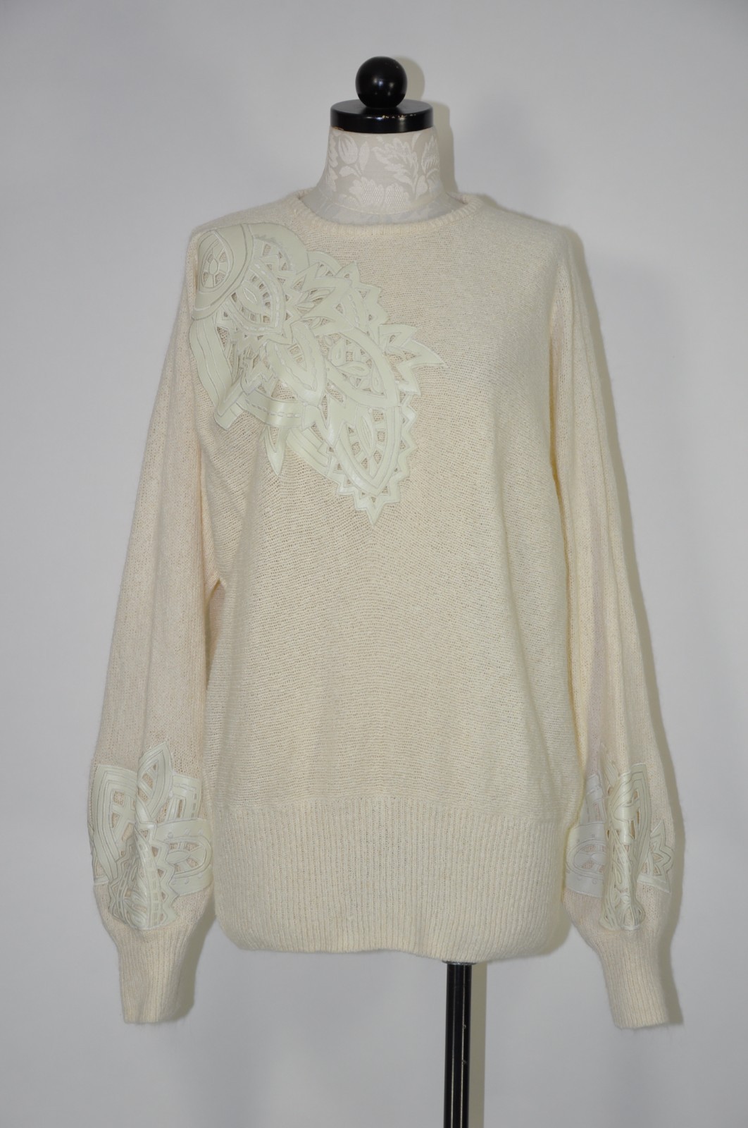 90s Vintage Off White Fuzzy Silk Angora Leather Cutout Crewneck Sweater Women XL