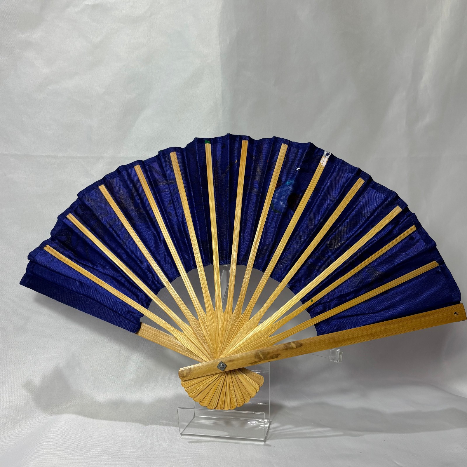 Blue Synthetic Folding Fan Hand Painted Gold Leaves & Bird Bamboo Thailand
