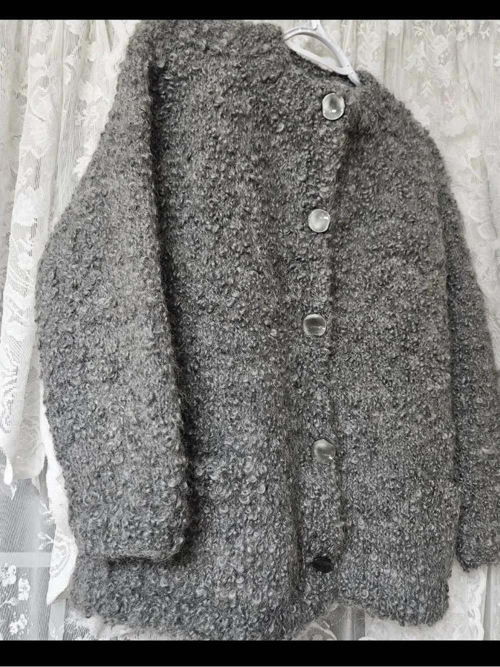 Handmade Gray Wool Blend Boucle Chunky Knit Cardigan Small