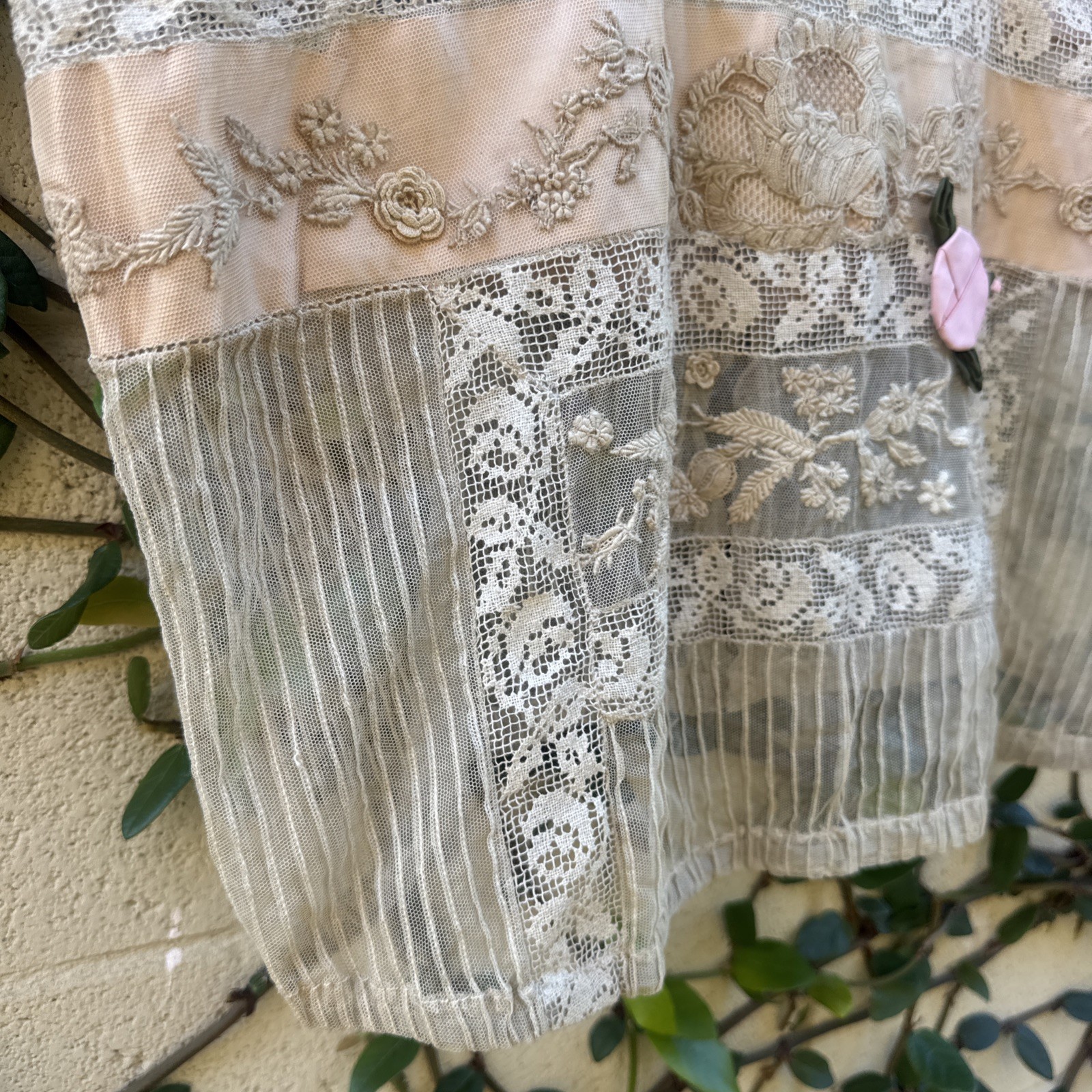 Antique Edwardian Mixed Net Lace Camisole Silk Flowers Dress Blouse Vintage