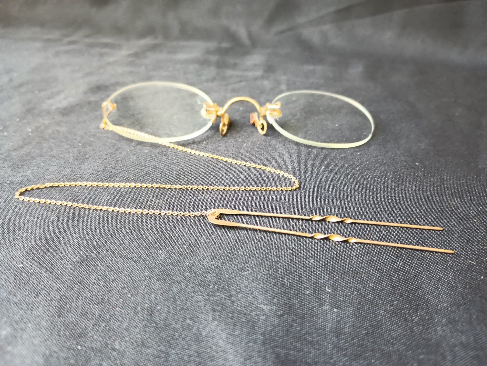Antique 1/10 12k gold-filled GF Pince-Nez eye glasses w/ HAIR PIN & lined case