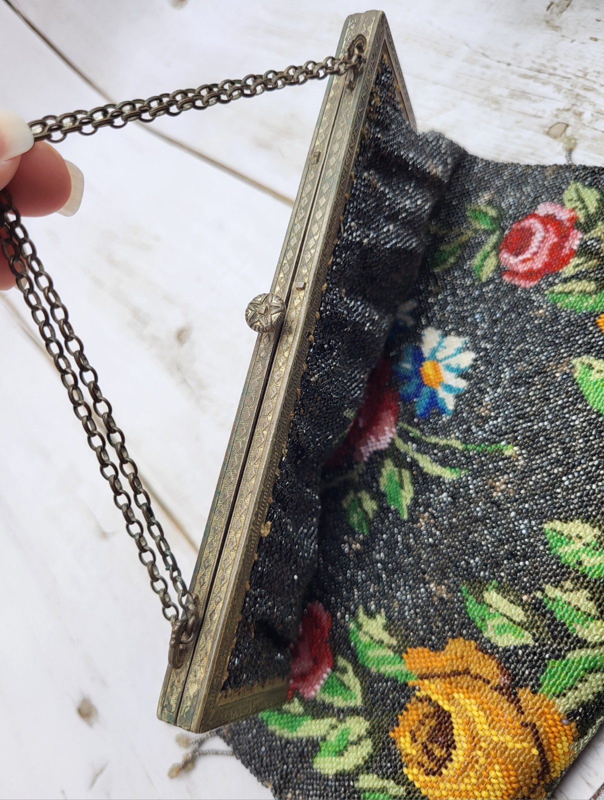 Large 13″ Antique Art Nouveau Floral Beaded Purse Handbag
