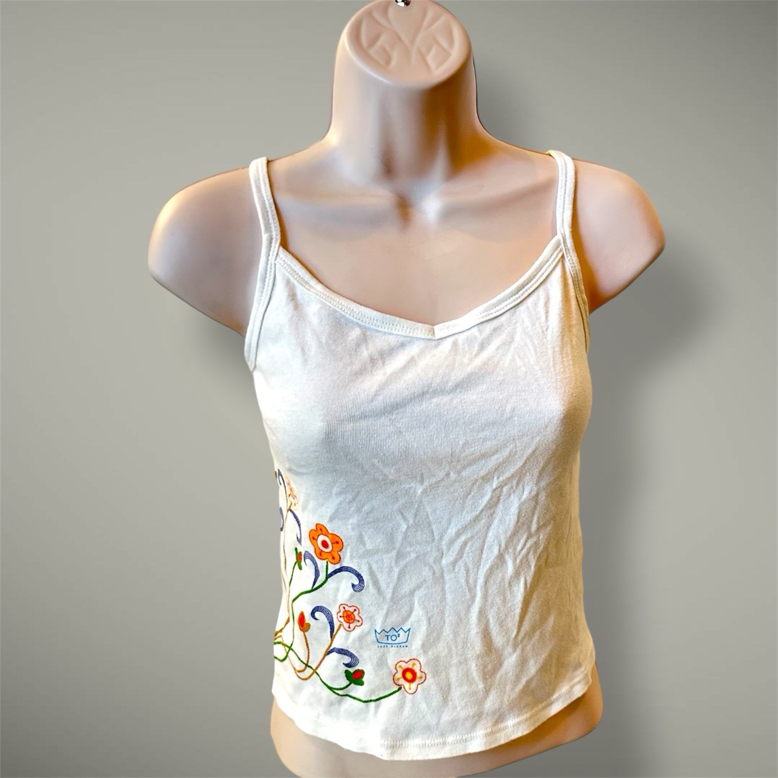 VTG 90s Todd Oldham TO2 Off White Floral Graphic Lace Up Back Tank Top Womens M