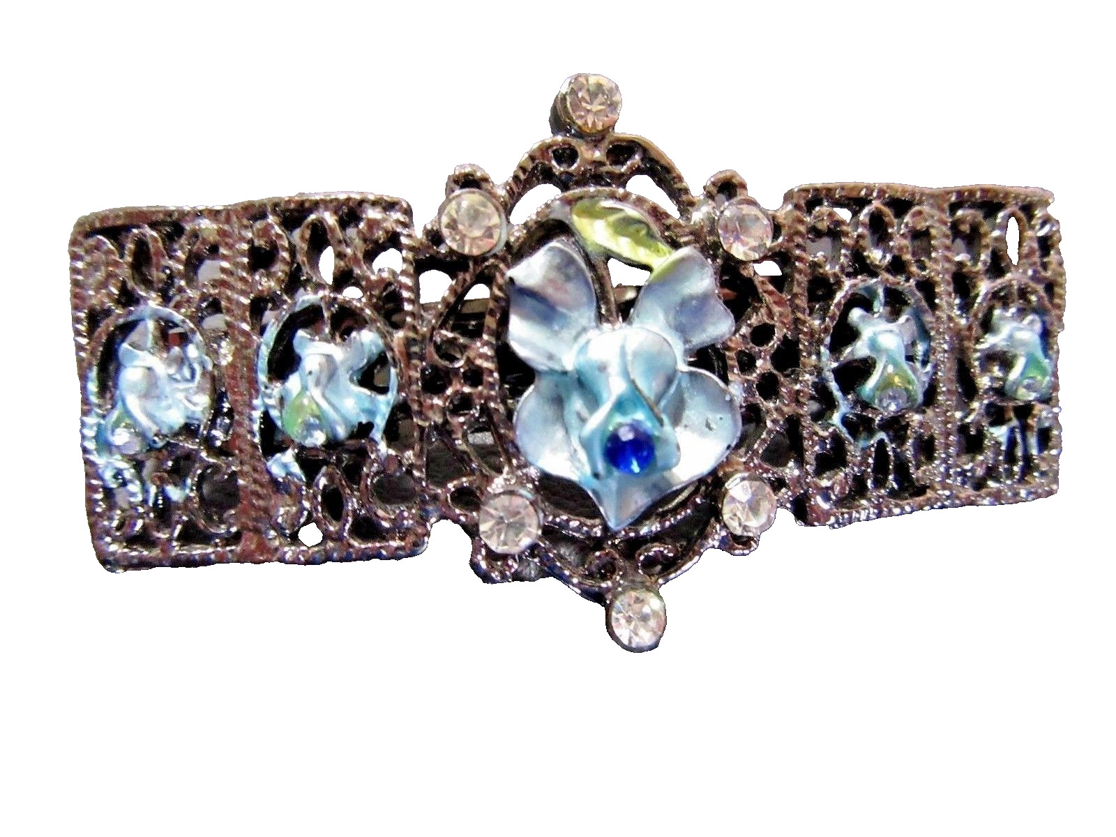 Hair Barrette Clip Dark Silver Metal with Blue Enamel Flowers Rhinestone Vintage