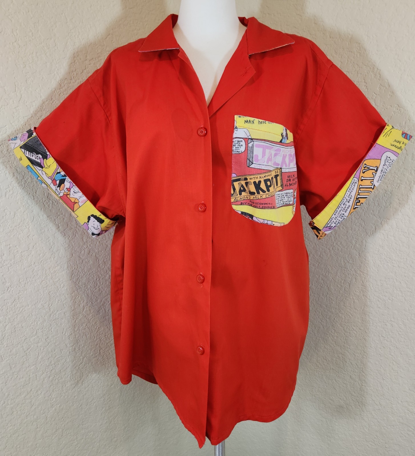 Trim Comic Book Button Up Top Red Retro Cool Large Handmade
