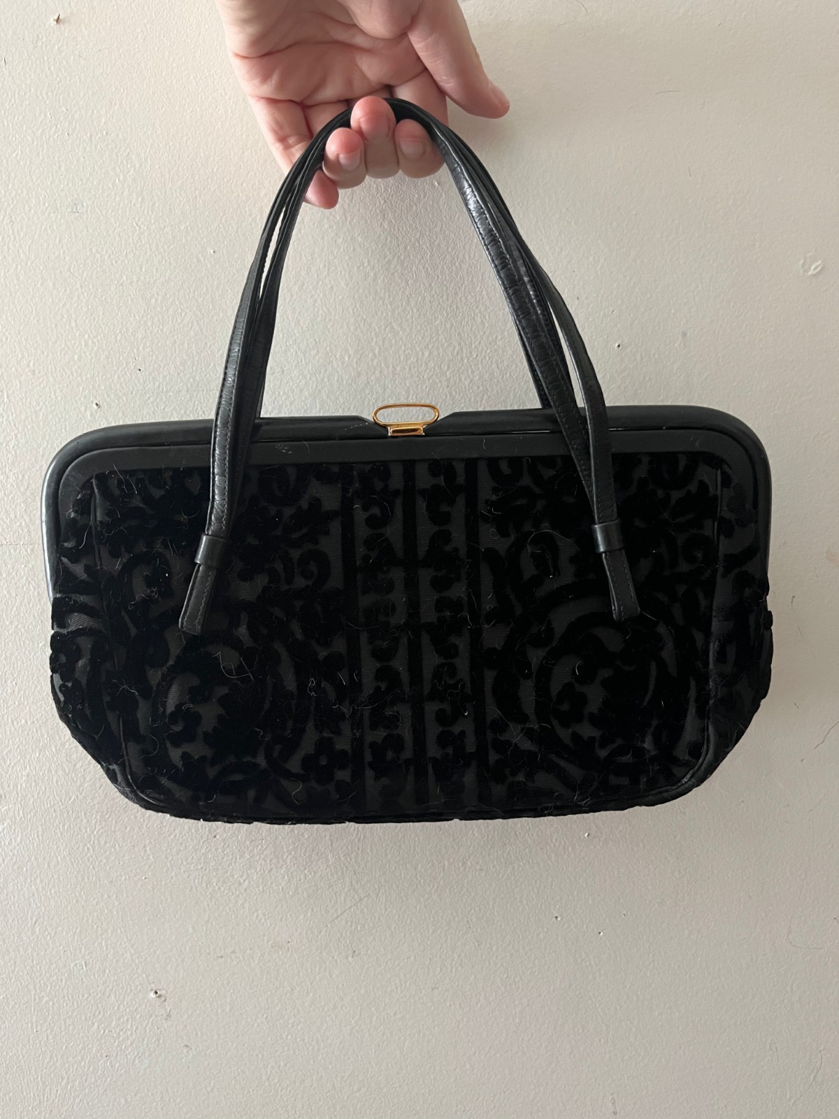 Vintage 1950s Velvet Damask Leather Frame Handbag Purse Burnout Scroll