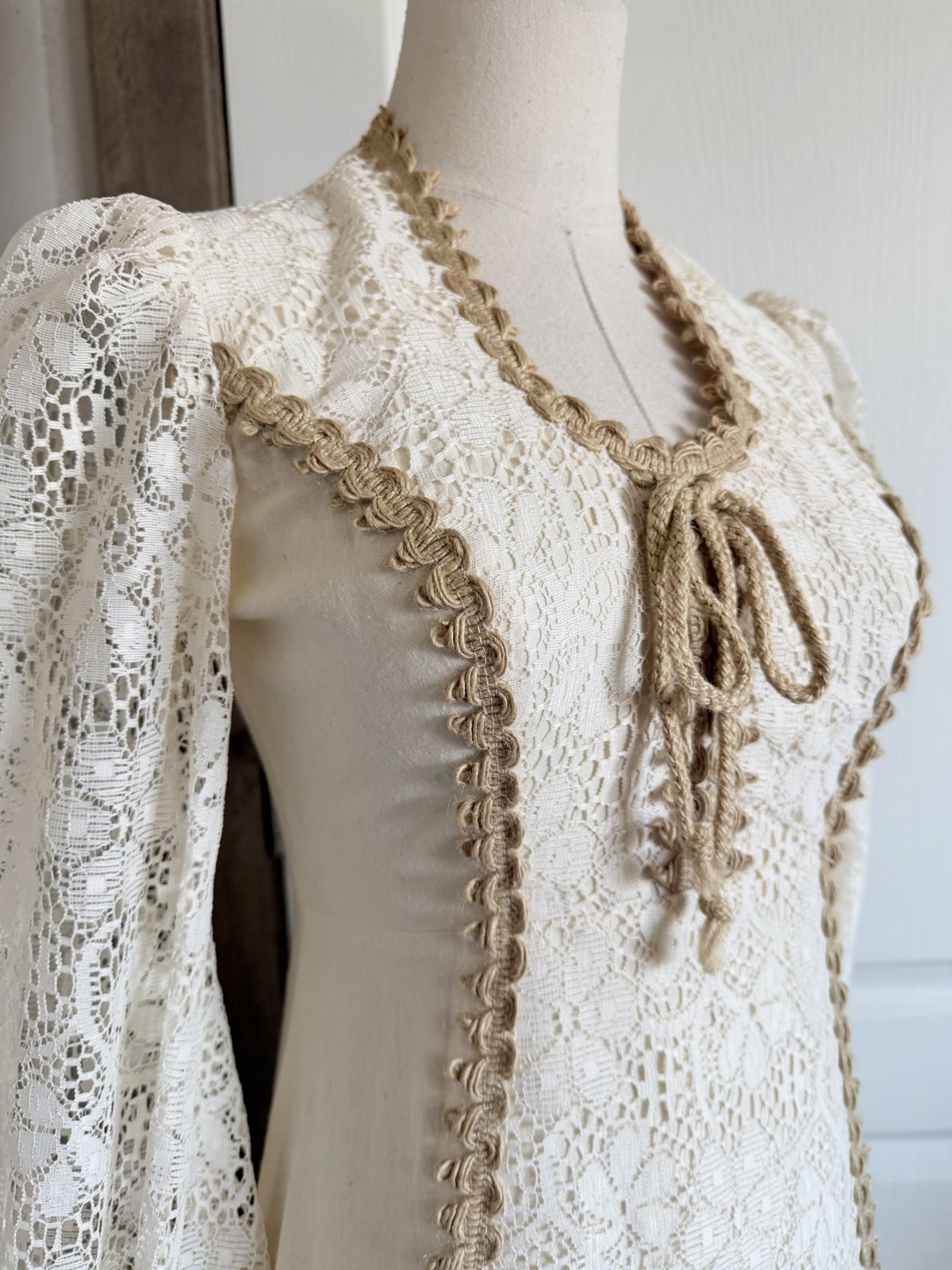 Vintage 1970s Prairie CottageCore Boho Hippy Maxi Dress Cream Sz 5/6