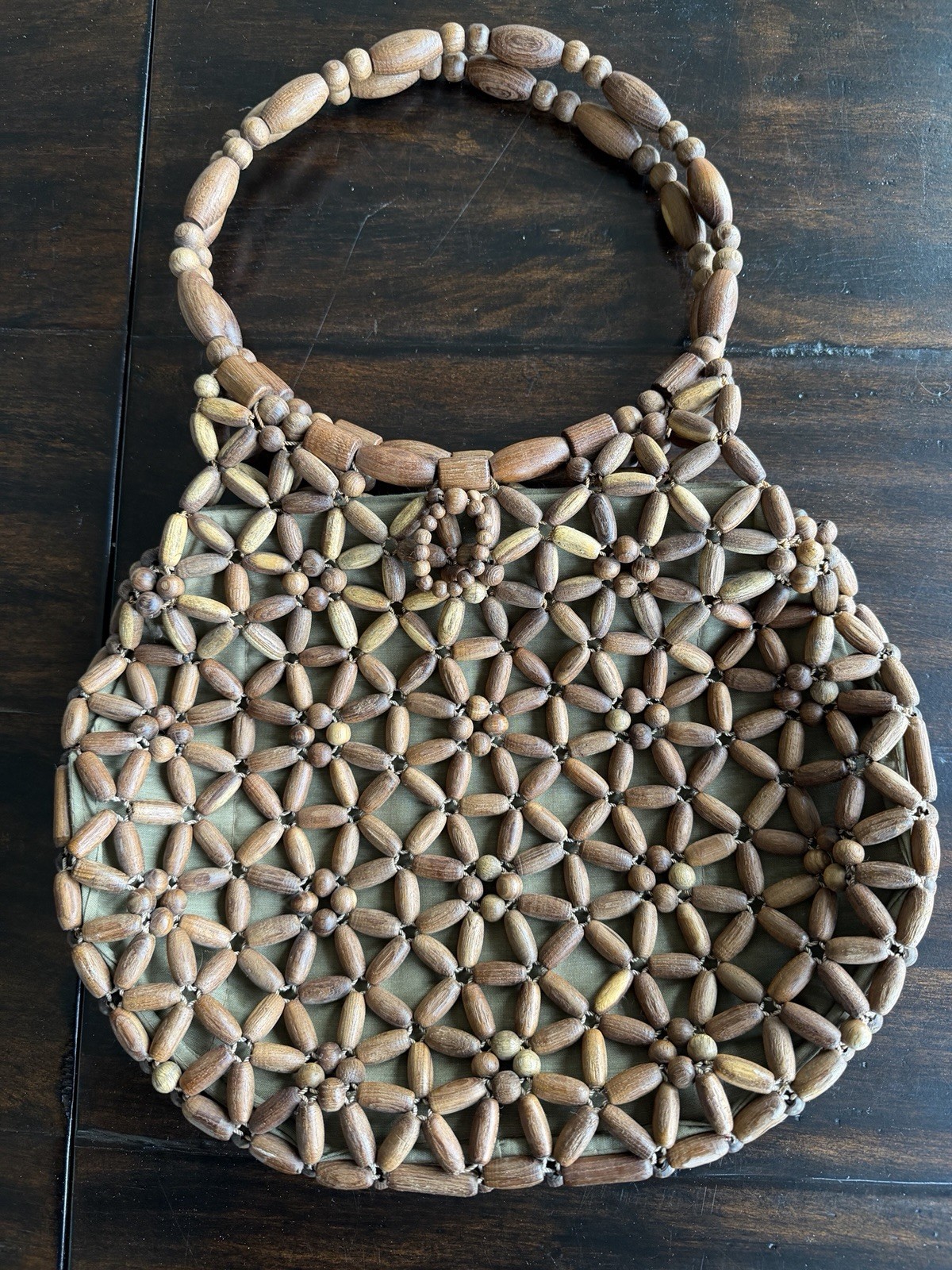 Vintage Wooden Bead Hobo Handbag Retro Boho Beaded Hand Crafted Purse Starburst