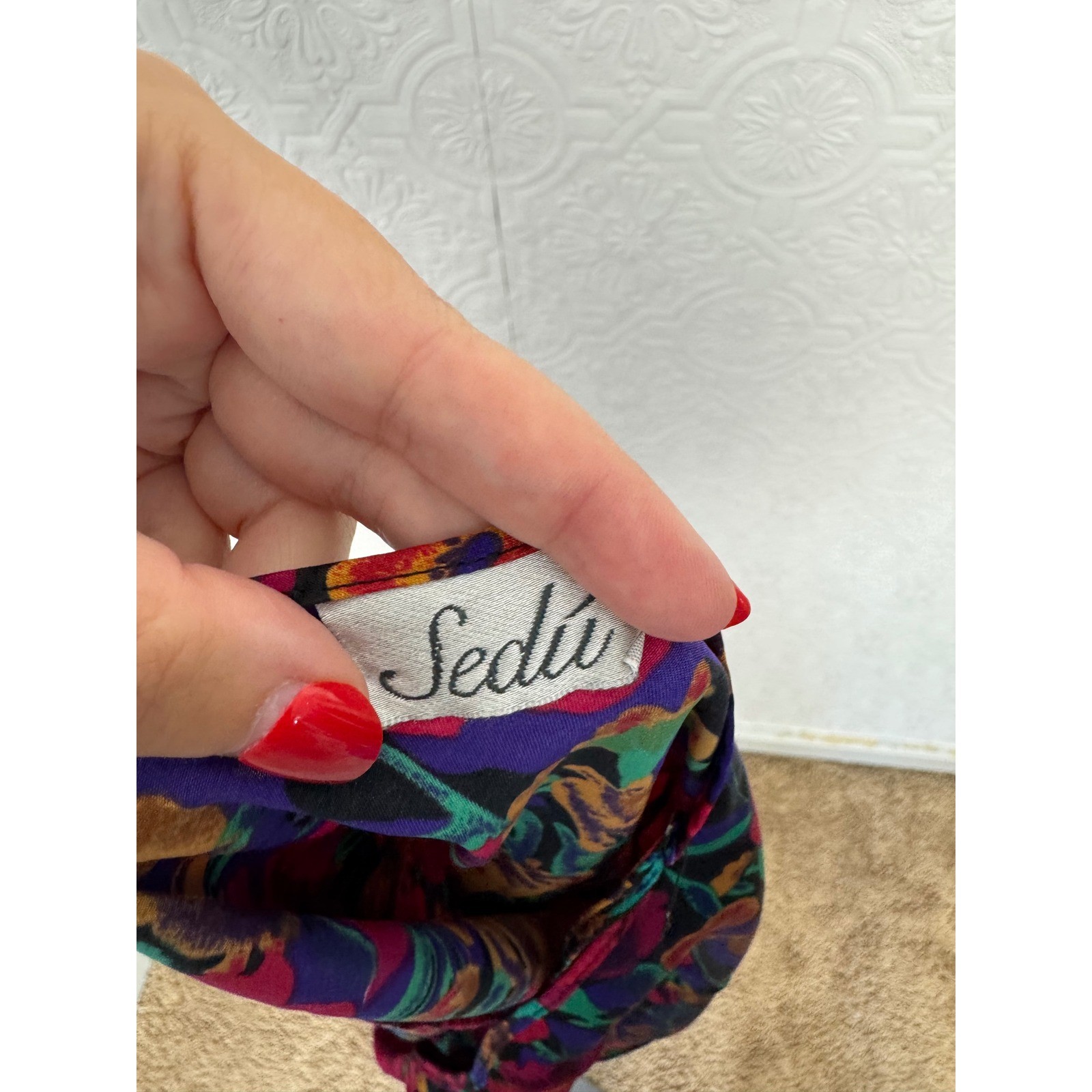 Vintage Sedu Floral Slip Dress Multi-Color Satin Mini V-Neck Spaghetti Strap 90s