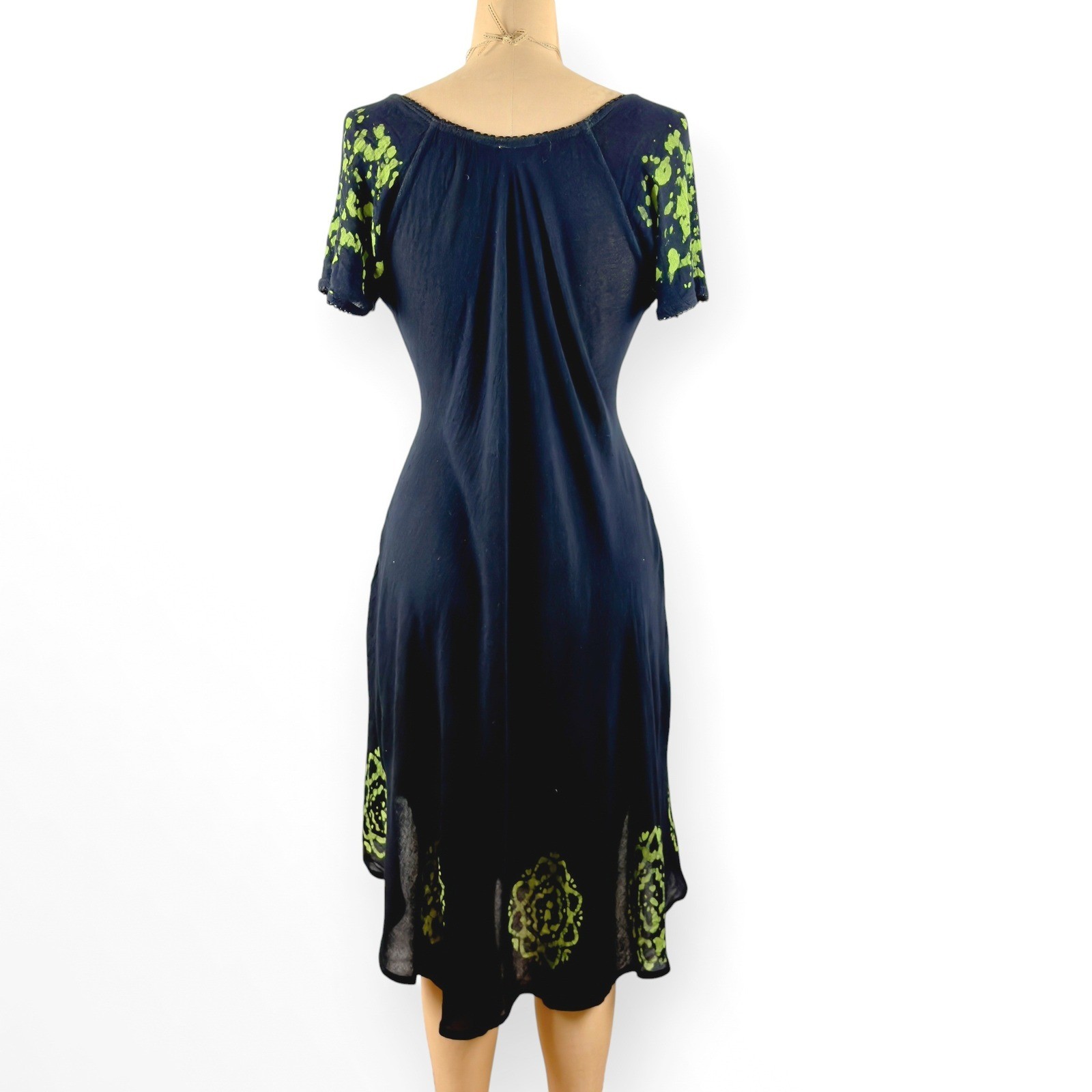 90s Embroidered Batik Midi Dress Umbrella Hem Cap Sleeve Rayon Hippie S M L XL