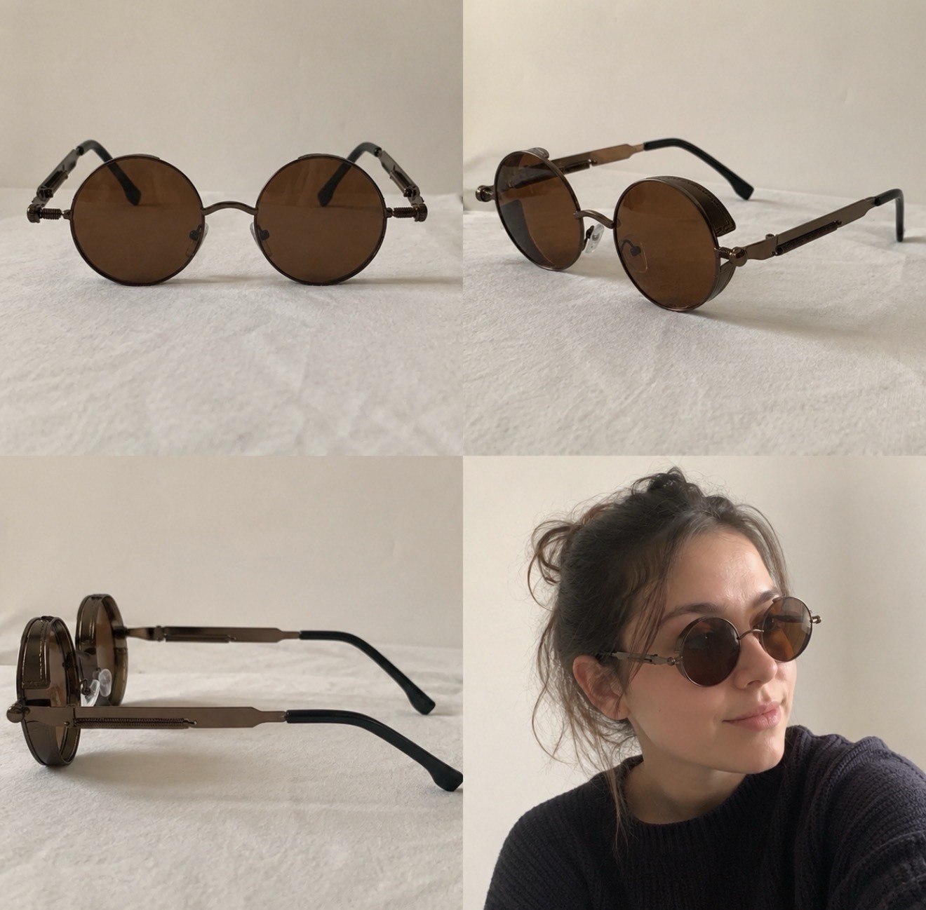 Vintage Round Steampunk Sunglasses Brown Tint Retro Metal Frames