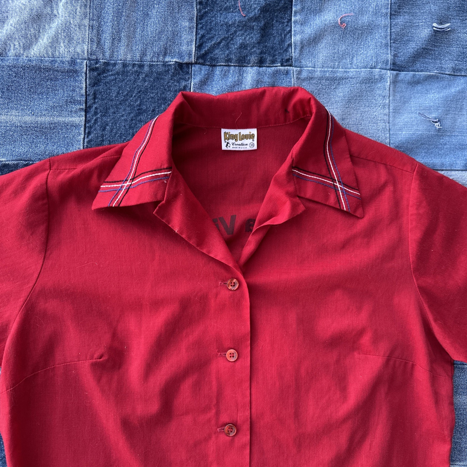 Men’s VTG 1970s Red King Louie Bowling Shirt M 70s Polyester Cotton True Vintage