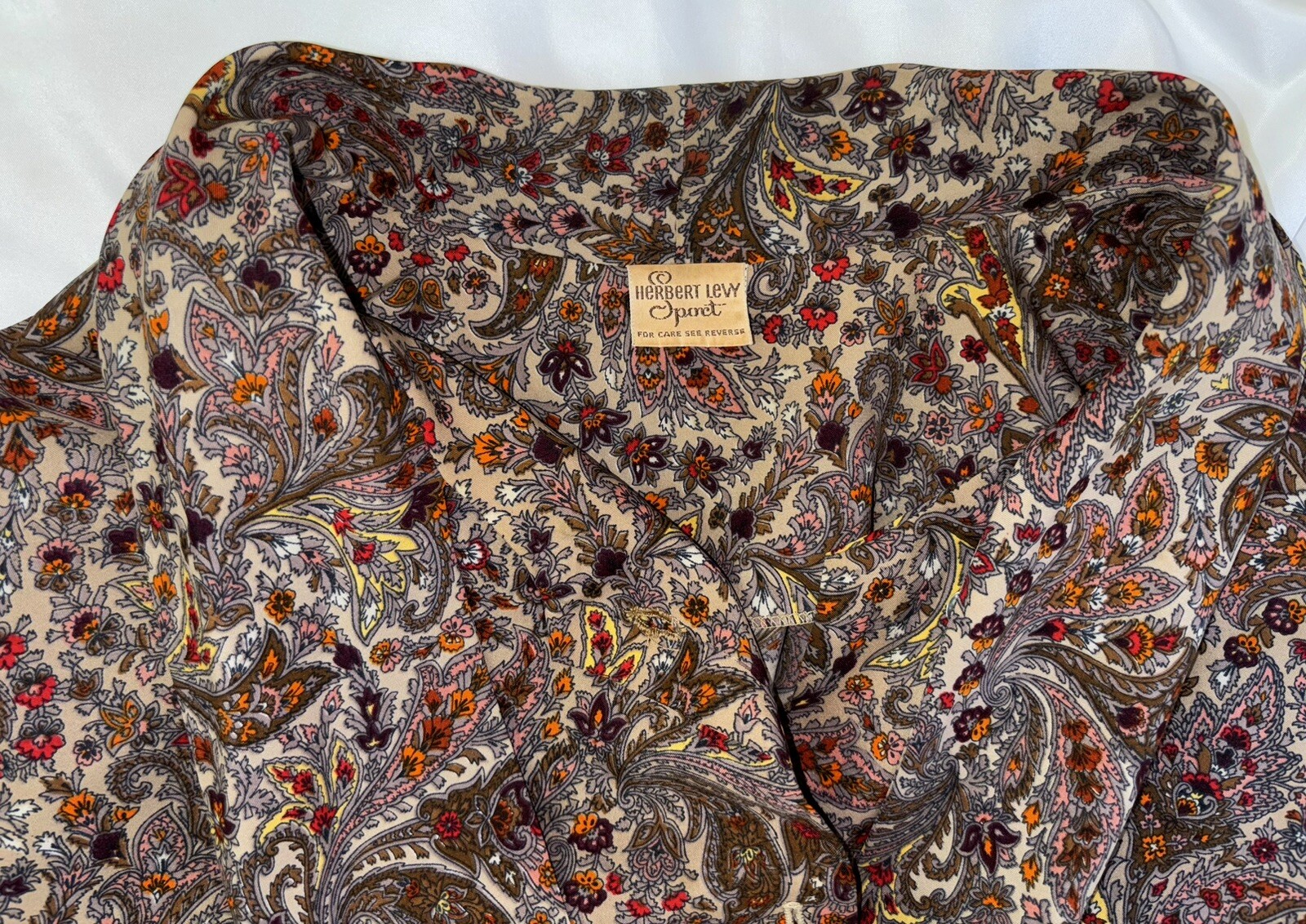 60s/70s Herbert Levy Sport Blouse Wrap Collar Floral Red Brown Button Pullover
