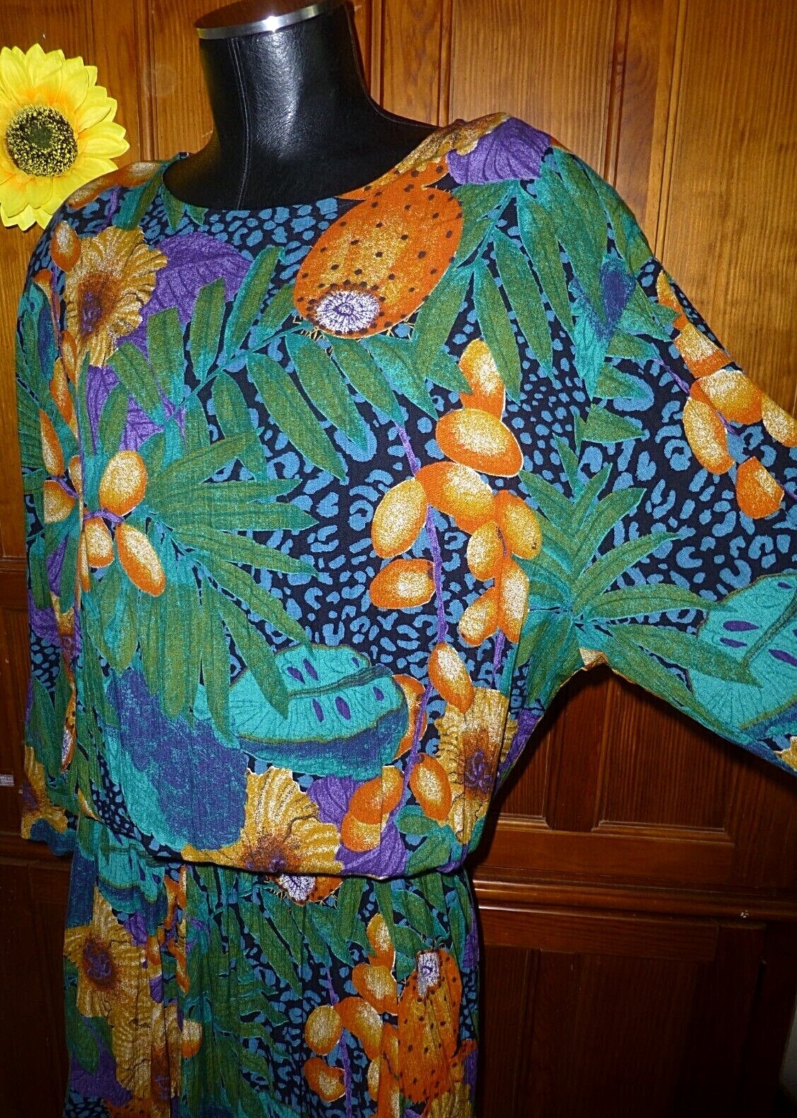 Vtg 80s KAREN KANE Floral Print Rayon Drop Waist Gypsy BOHO festival Midi DRESS