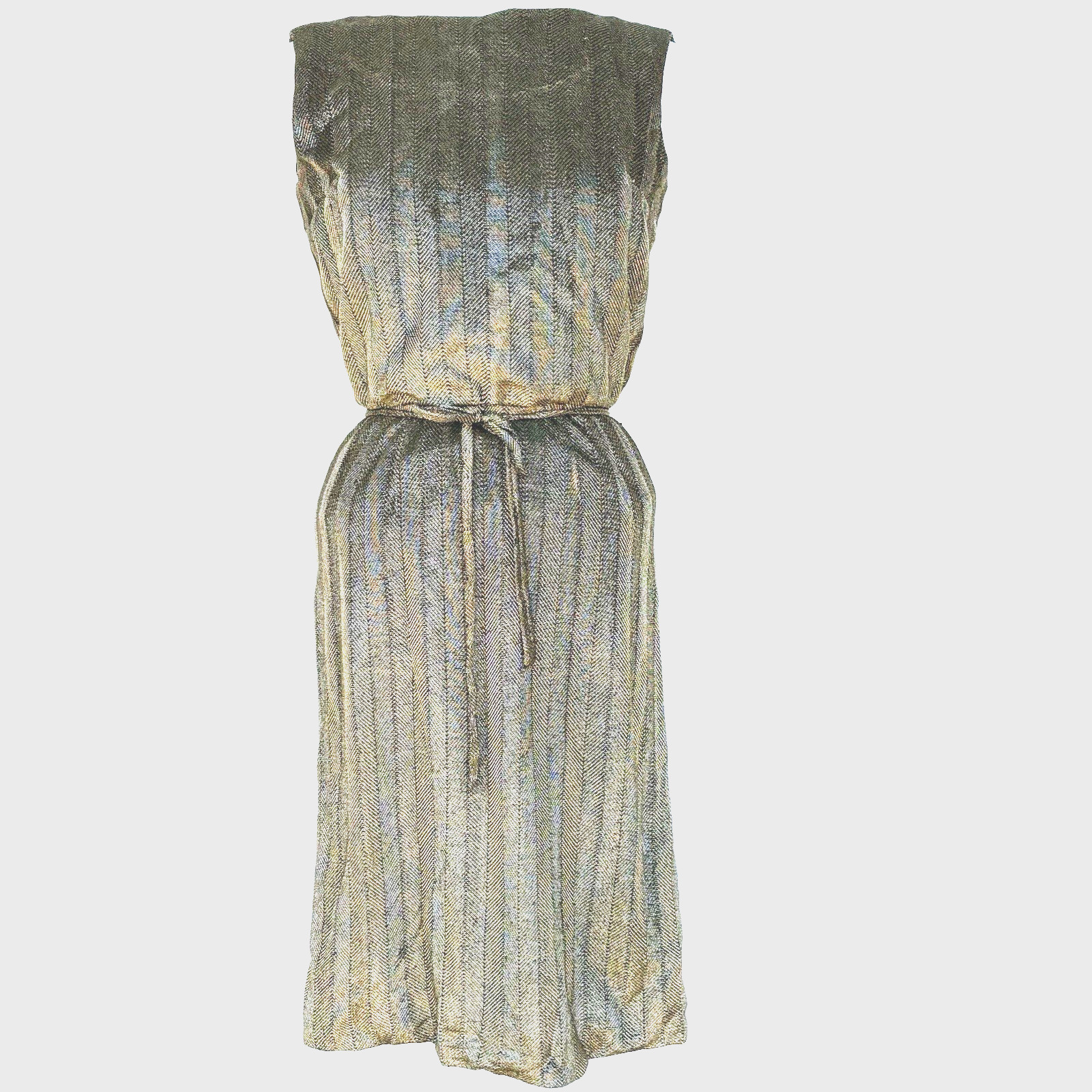 Vtg 60’s Gold Lame Metallic Wiggle Sress Sleeveless Pencil Cocktail Party Gown