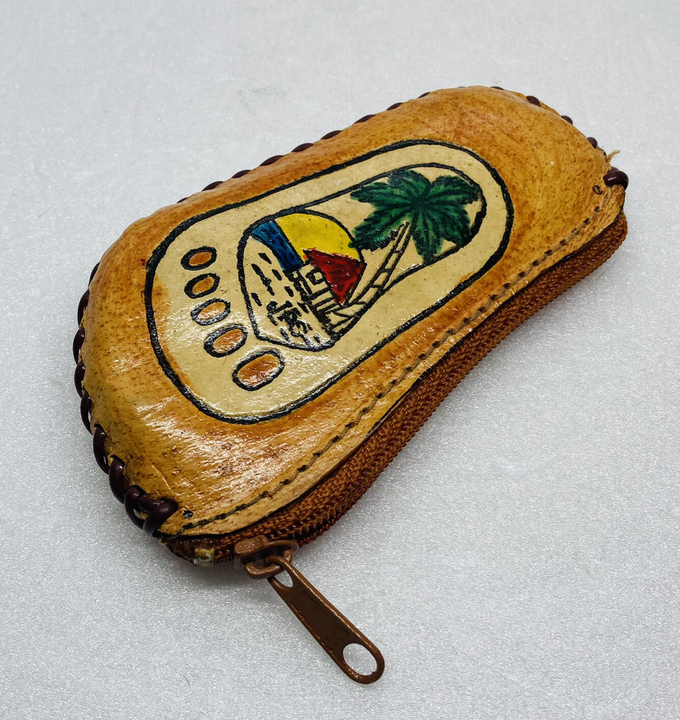 Vintage Leather Coin Pouch Foot Print Shaped Philippines Palm Tree Beach Art O