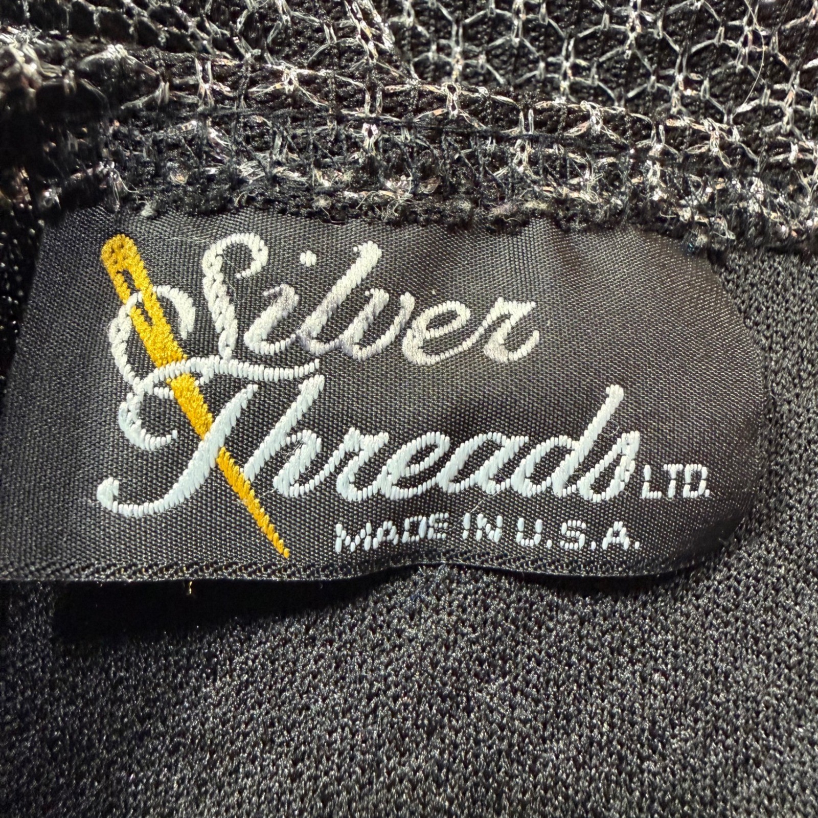 Vintage Silver Metallic Black Lurex Top Short Sleeve Side Slit 90s Disco M