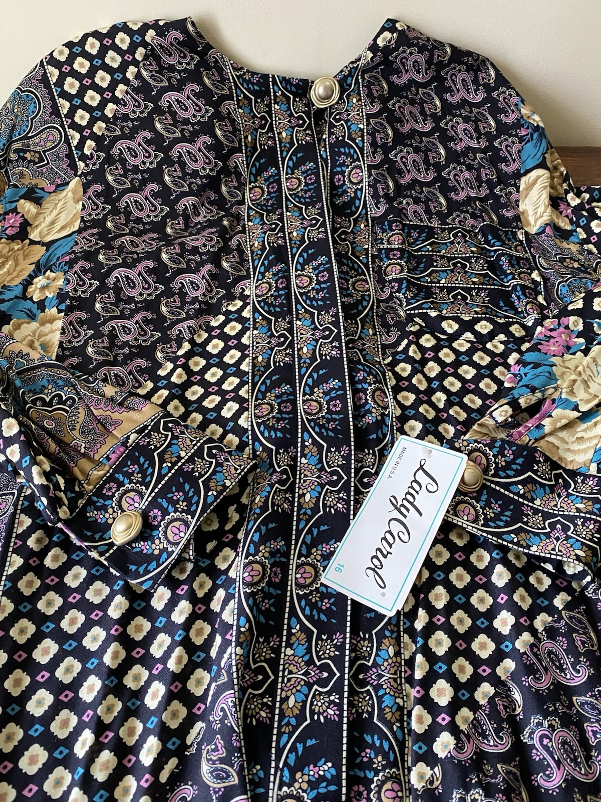 Vintage Floral Paisley Lady Carol Rayon Button Down Shirt Dress USA 16 NOS Boho