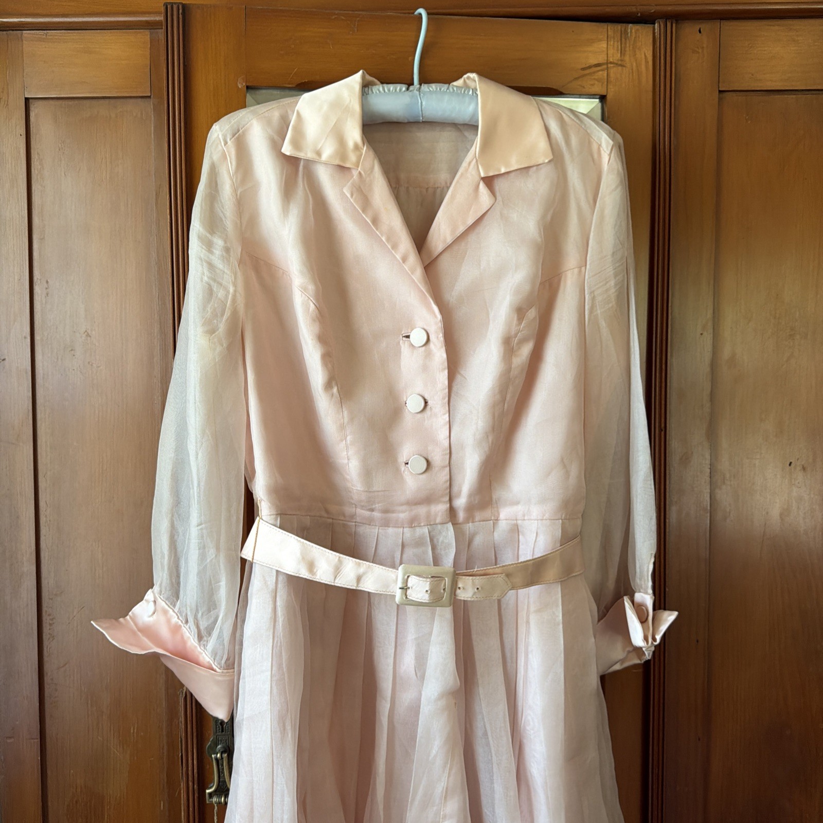 Vintage 1950s Elinor Gay Pink Chiffon Organza Button Up Belted Party Dress