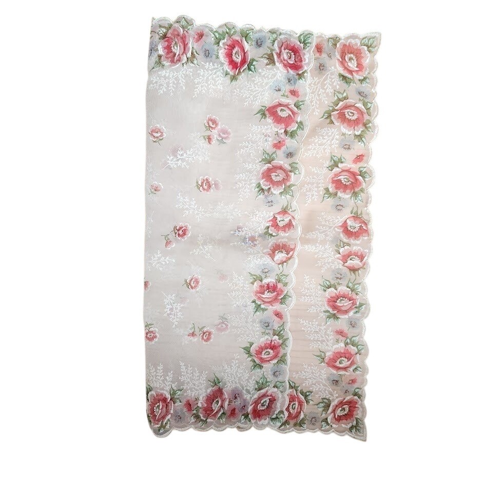 Vintage Floral Sheer Handkerchief Cottagecore Rose Print Scarf Hanky Square 13in