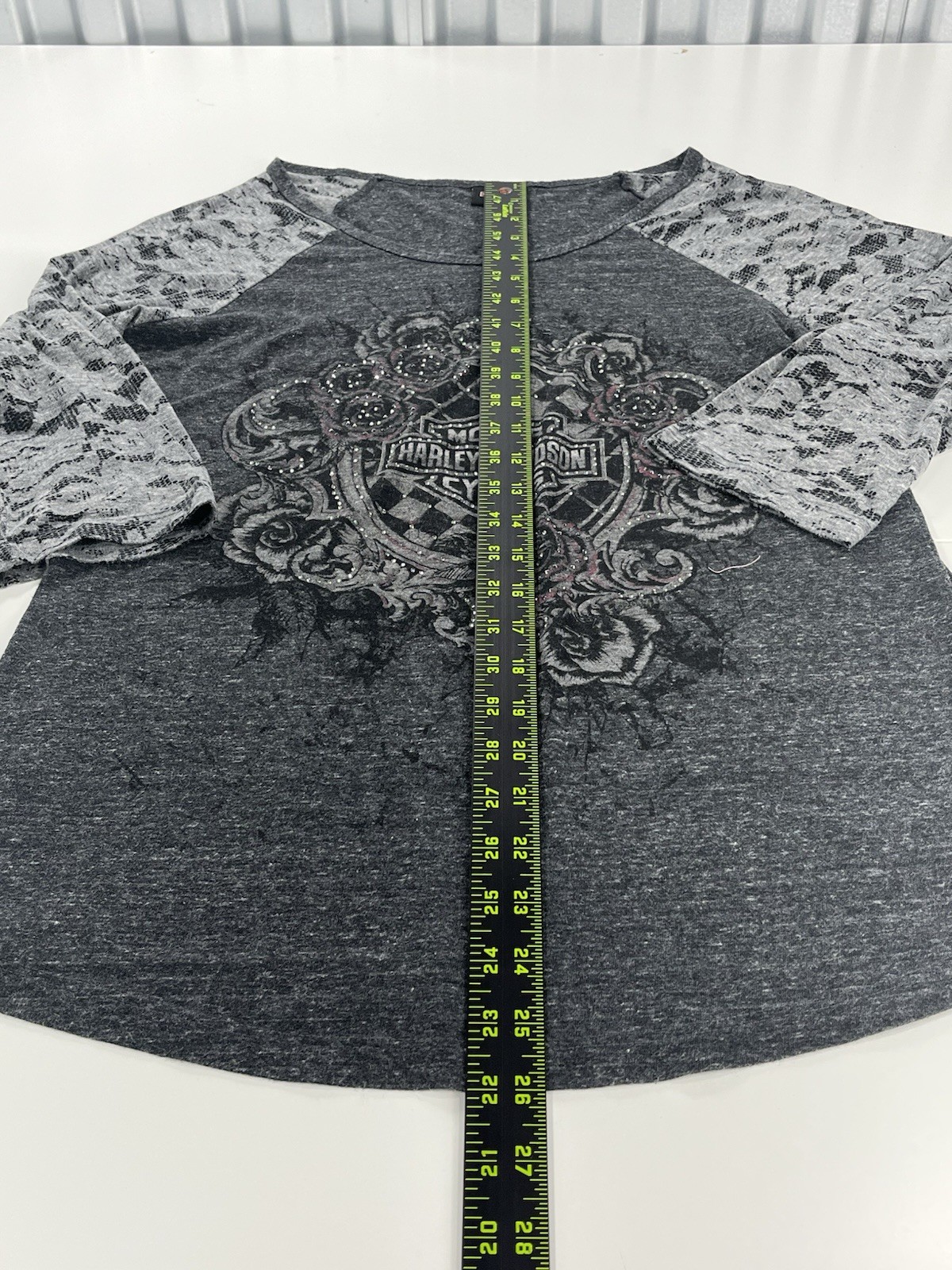 Y2K Harley-Davidson Women’s 3/4 Sleeve Top XL Gray Lace Floral Bling