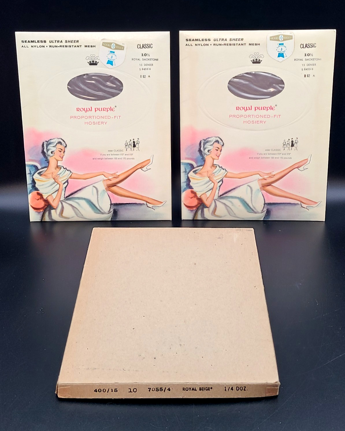 2 Royal Purple Hosiery New SIZE 10 1/2 Smoketone GRAY seamless ultra sheer