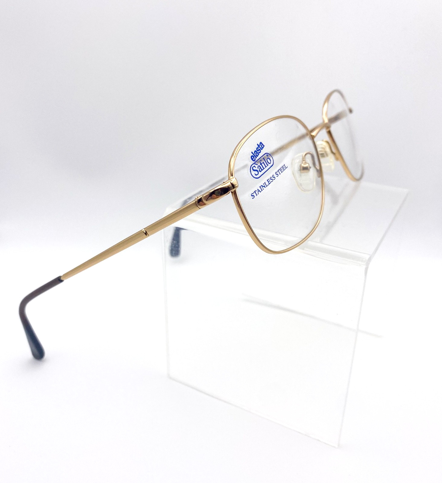 NOS 1990s Safilo Elasta Vintage Gold Stainless Steel Eyeglasses Oval Frames