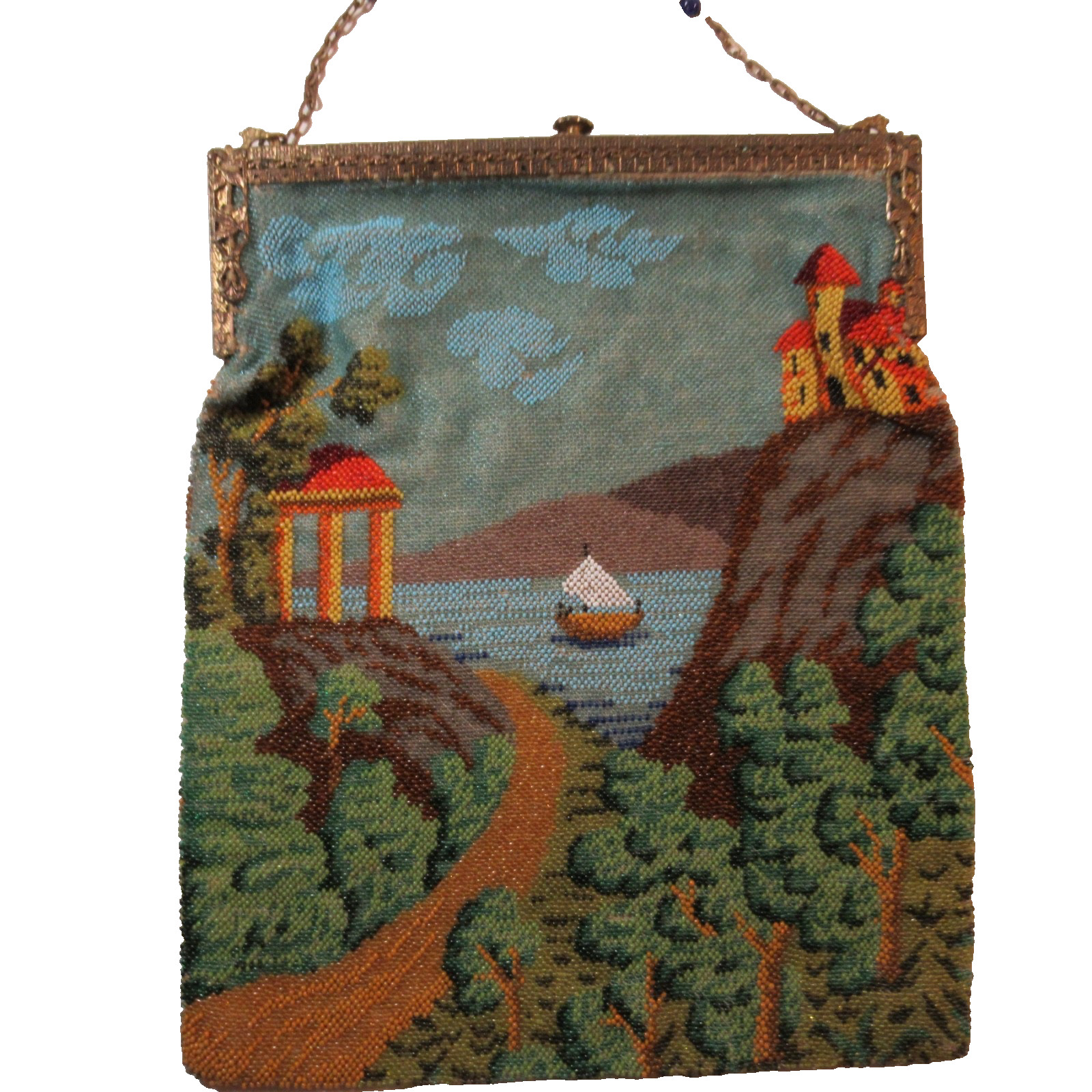 Antique Vintage Beaded Purse Scenic Castle Boat Mountains -SELLER PAYS US TARIFF