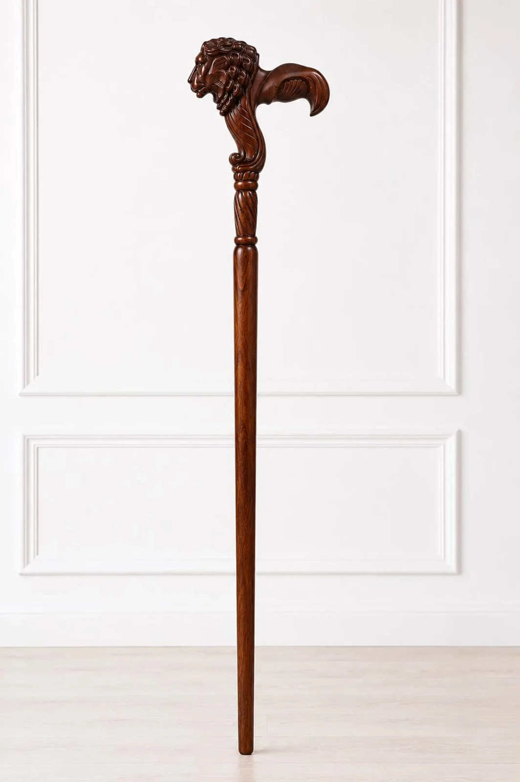 Hand Carved Lion Head Wooden Walking Cane Handmade Walking Stick 30-40 Inch