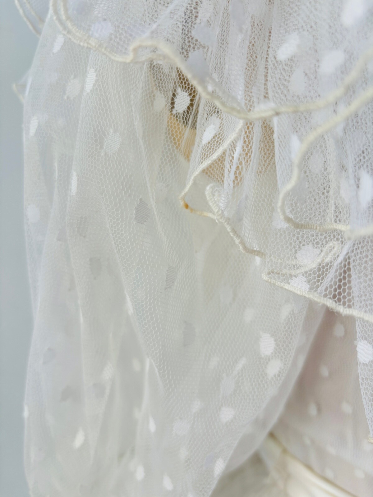 VTG 80s WHITE POLKA DOT TULLE RUFFLE BOW COQUETTE WHITE GOWN PRINCESS DRESS*XS/S