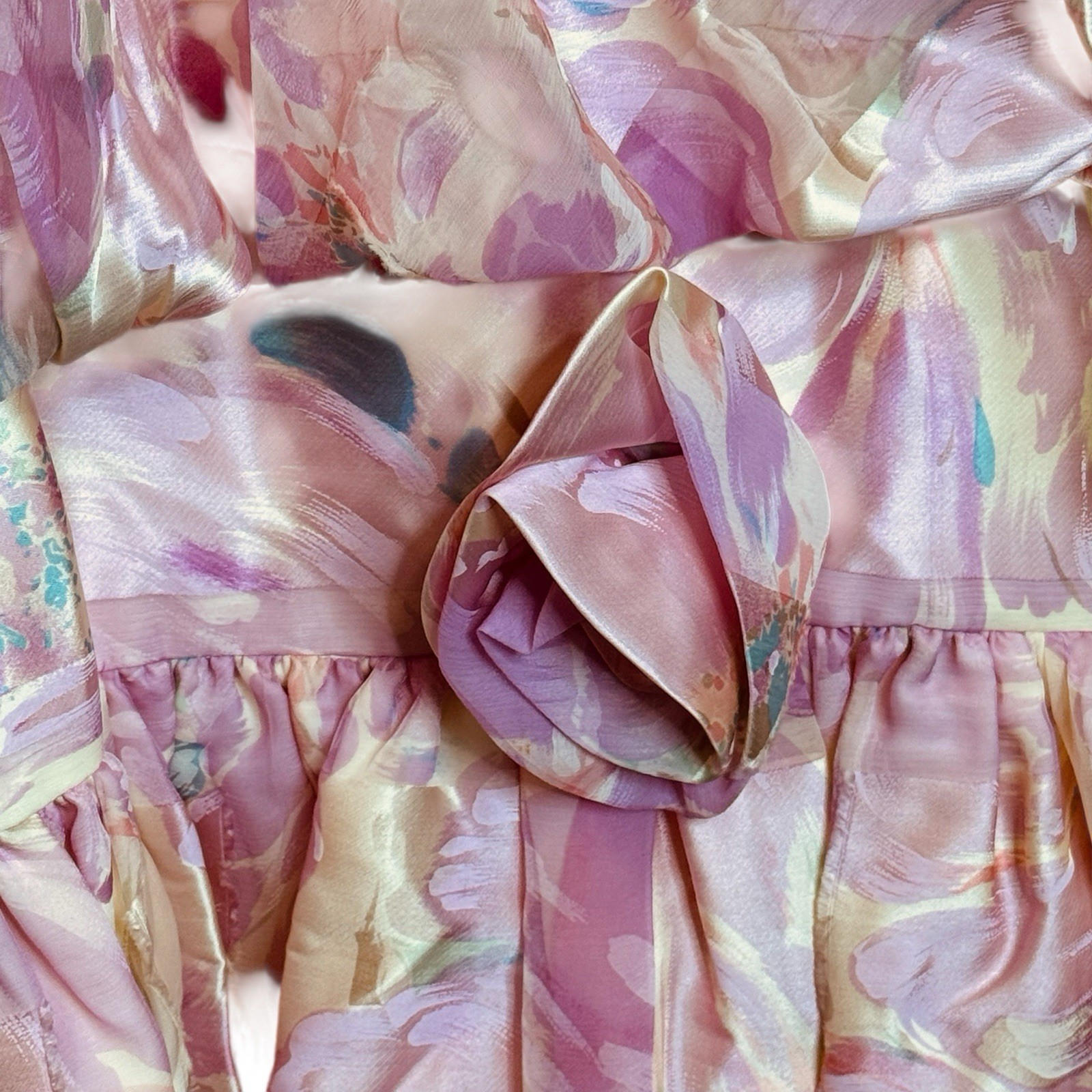 Vintage 80s Pastel Drop Waist 20s Pink Floral Blouson Dress Silky L/XL 40X38X46