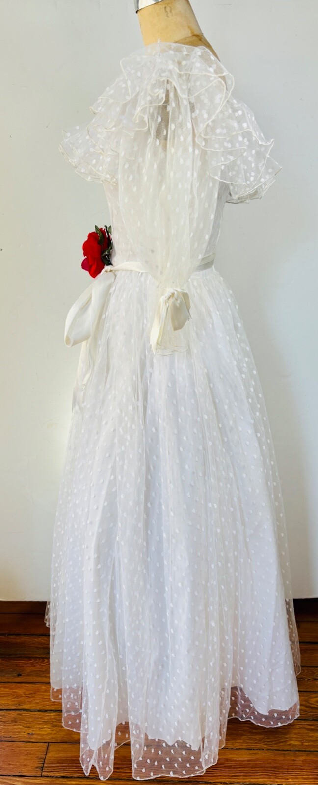 VTG 80s WHITE POLKA DOT TULLE RUFFLE BOW COQUETTE WHITE GOWN PRINCESS DRESS*XS/S