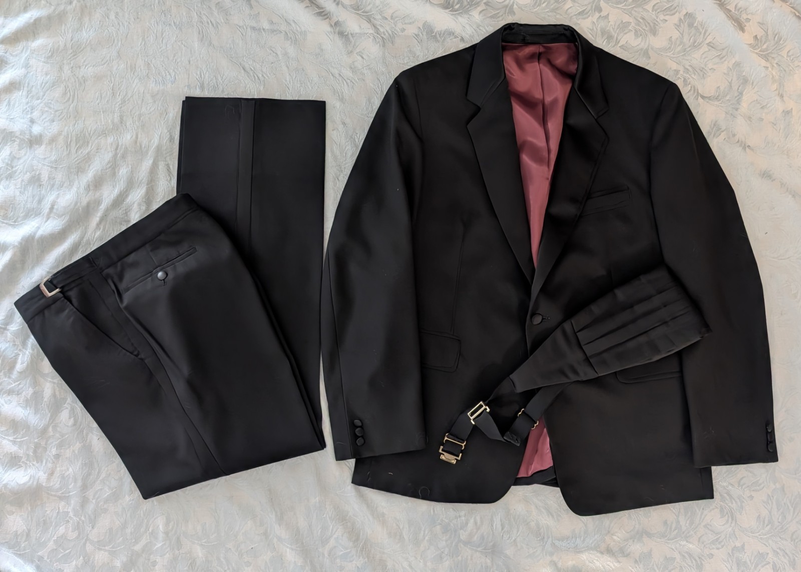 Vintage Black Wool Blend Tuxedo Suit 3 Piece Hungary 42R Adjustable Waist 32-38