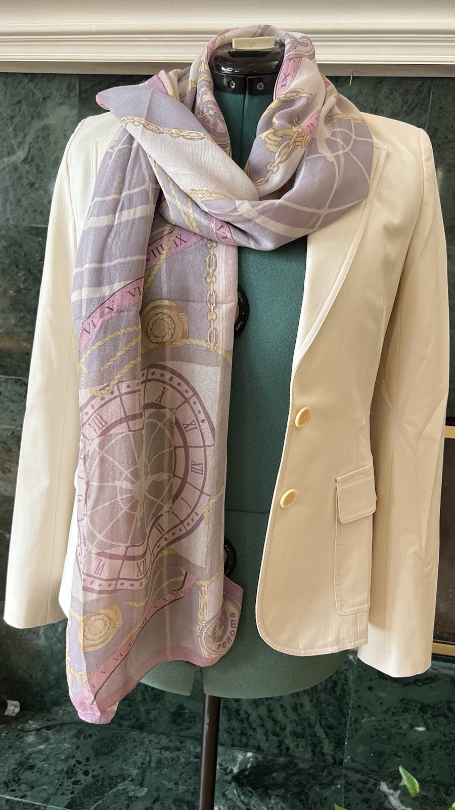 Renoma Vintage Silk Scarf Pink Lavender Clock Print Shawl Wrap Gold Metallic Gor