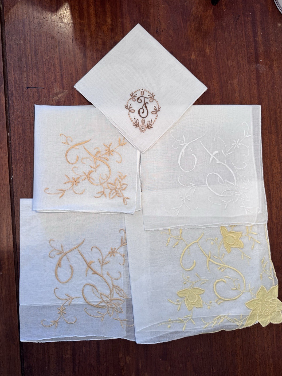 Vintage Monogram Embroidered & Appliqued Cotton Handkerchiefs Letter H Set of 5