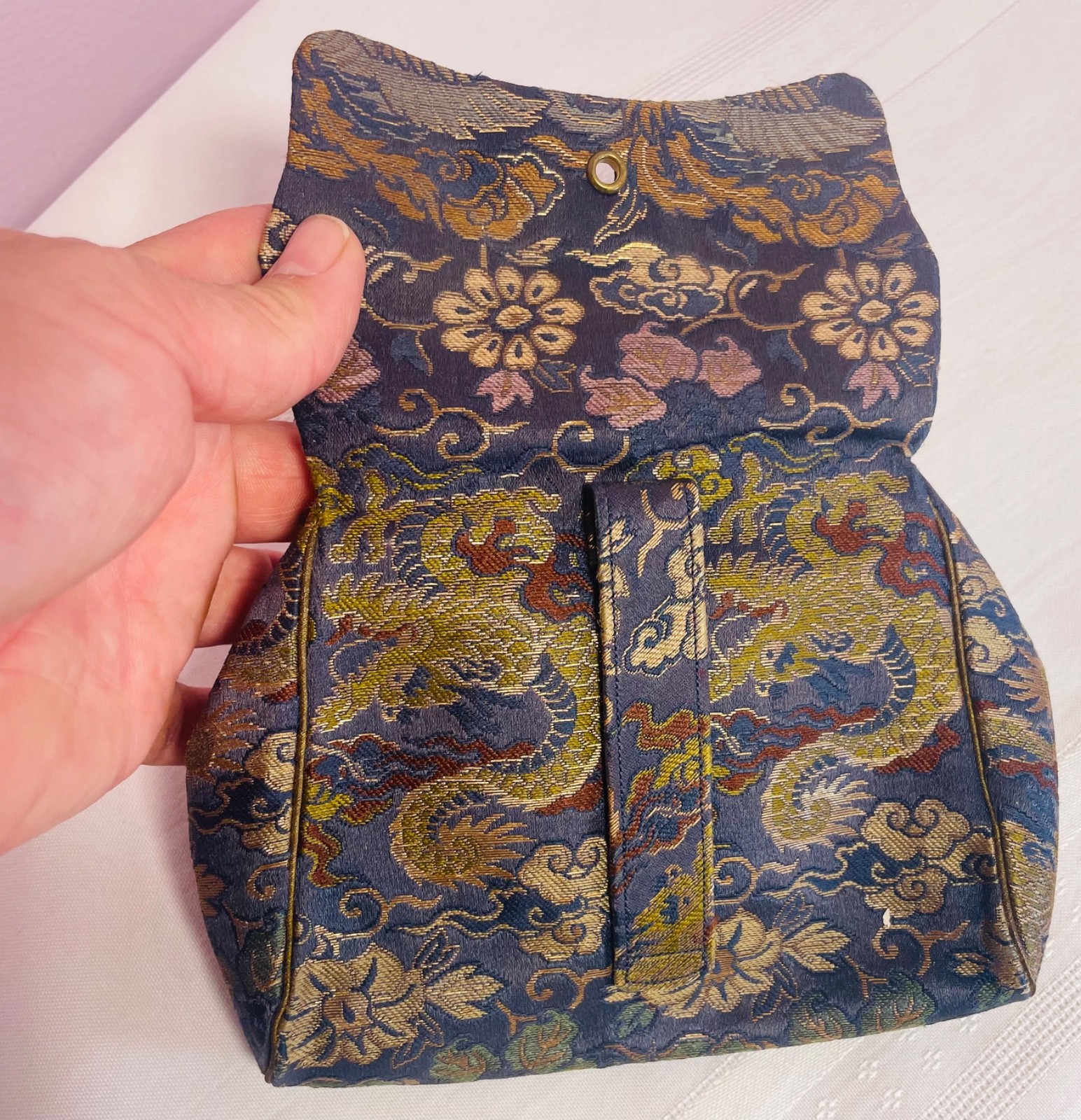 Antique 1920s Chinese Silk Brocade Clutch Art Deco Jade Jadeite Carnelian Purse