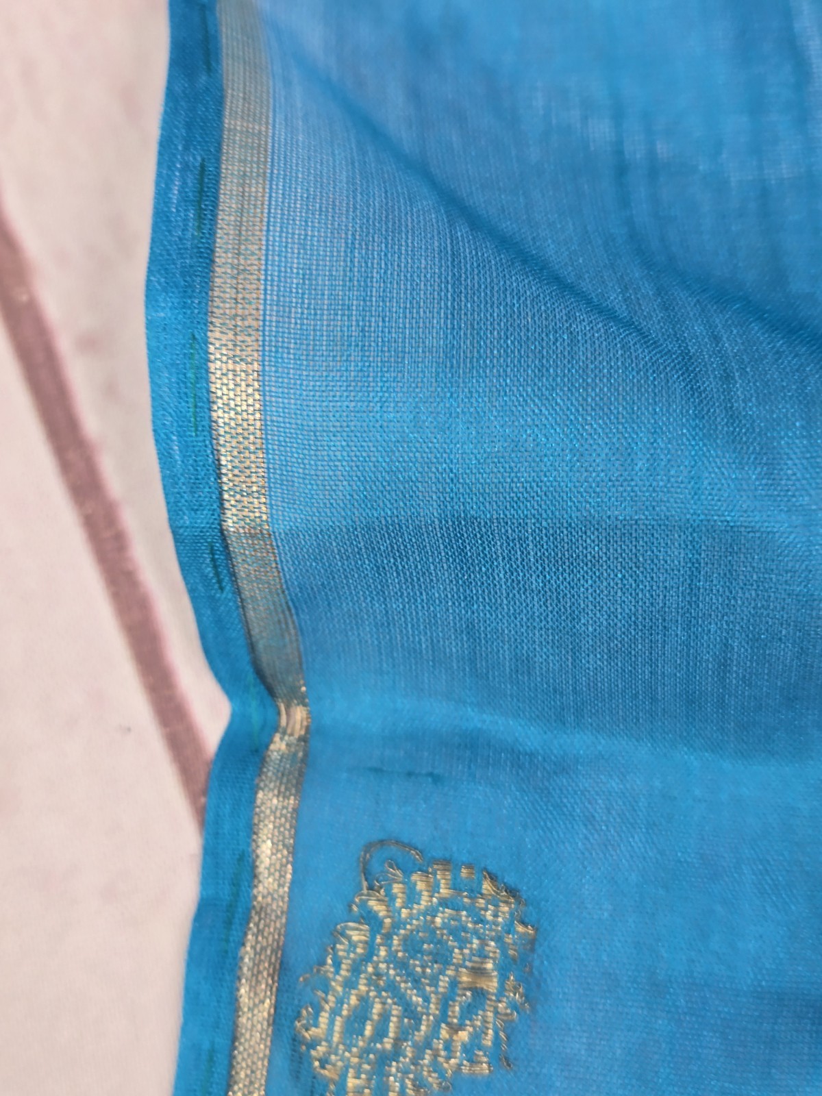 Hand Woven 100% Pure Silk TOURQOUISE GOLD Made in India Saree Scarf @ 45″ x 10″