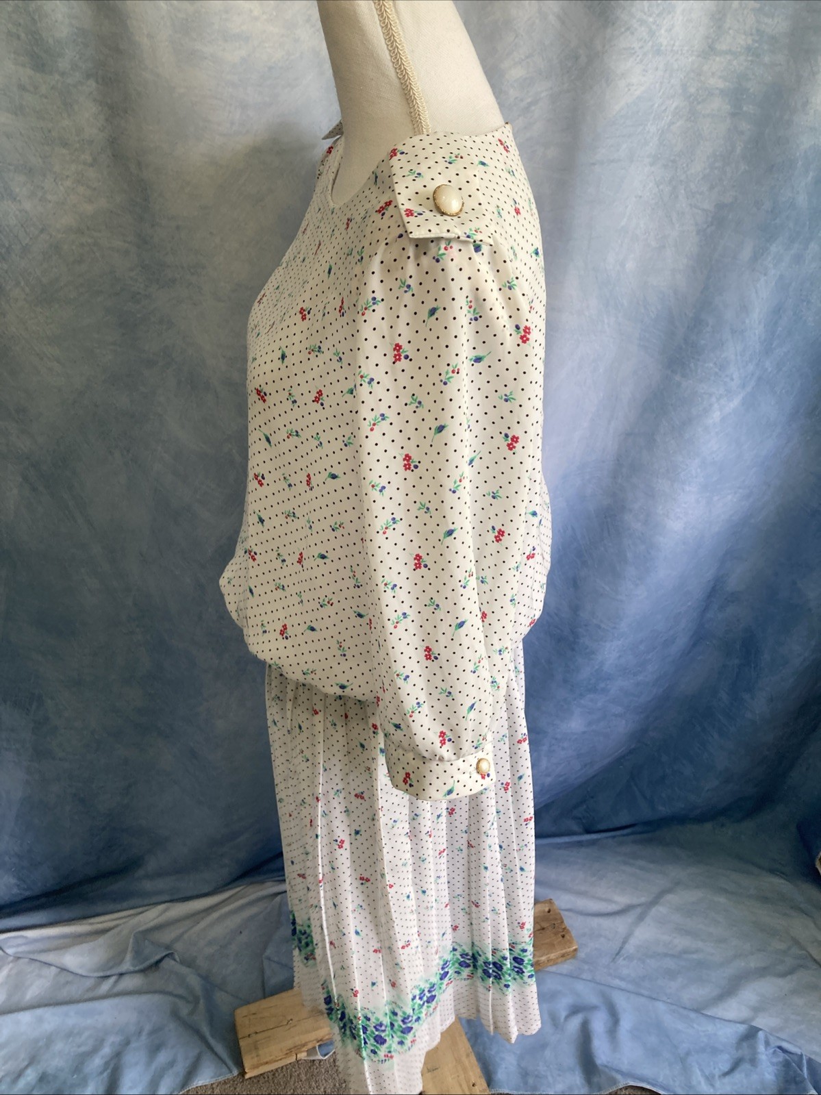 Vtg 80s Breli Union Made Midi Dress 16 Secretary Floral Polka Dot Pleated Sheer
