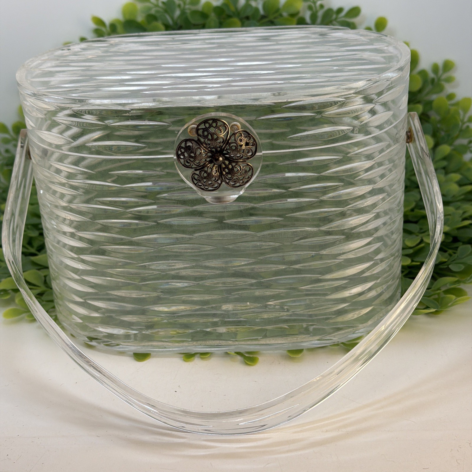 Vintage WILARDY Clear Lucite Purse Handbag With Strap Flower Handle 7″