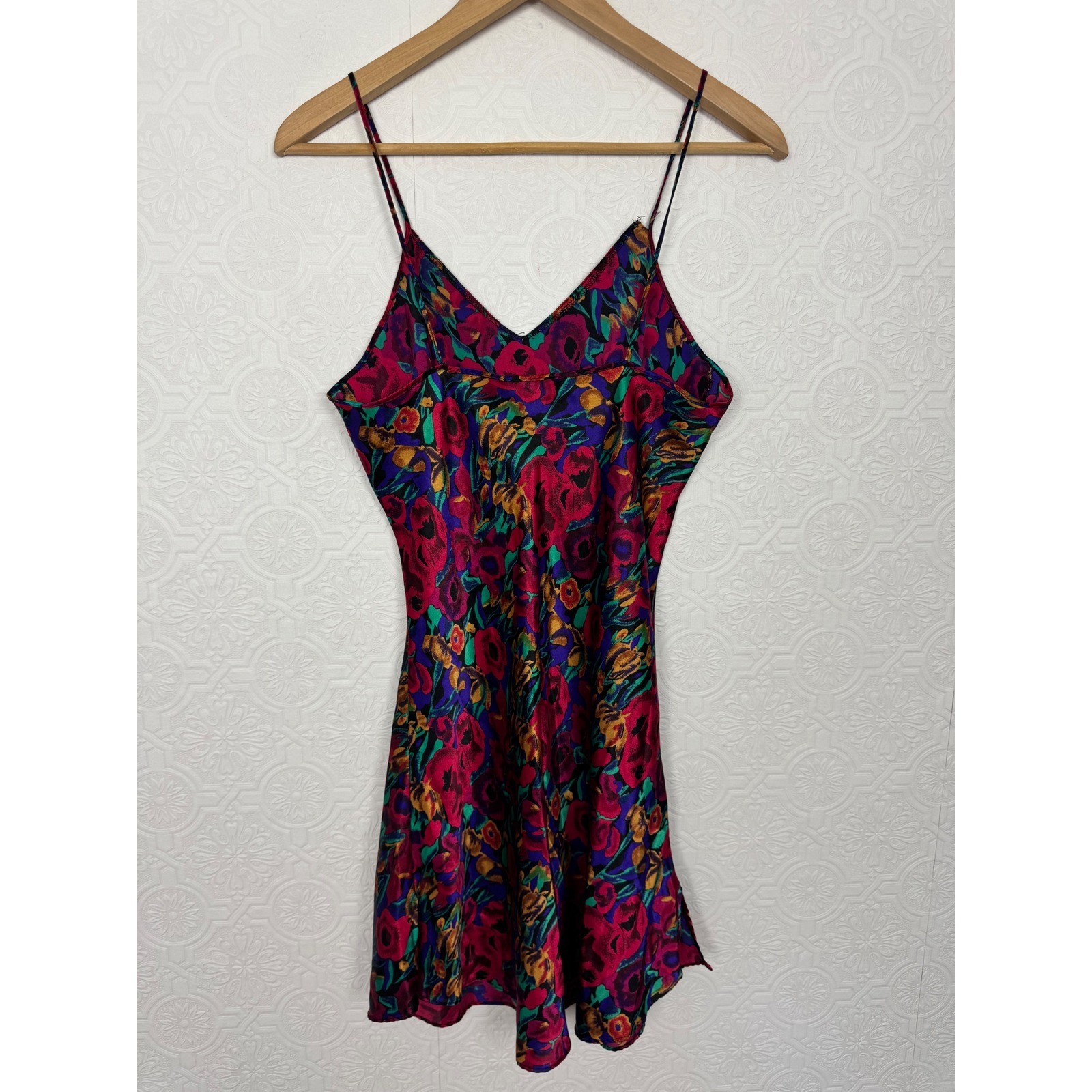 Vintage Sedu Floral Slip Dress Multi-Color Satin Mini V-Neck Spaghetti Strap 90s