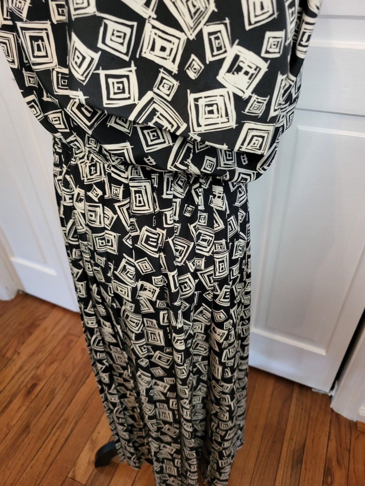 Vintage 80s/90s Leslie Fay Black Geometric Print Shirt Dress 14 Retro Twee Scarf