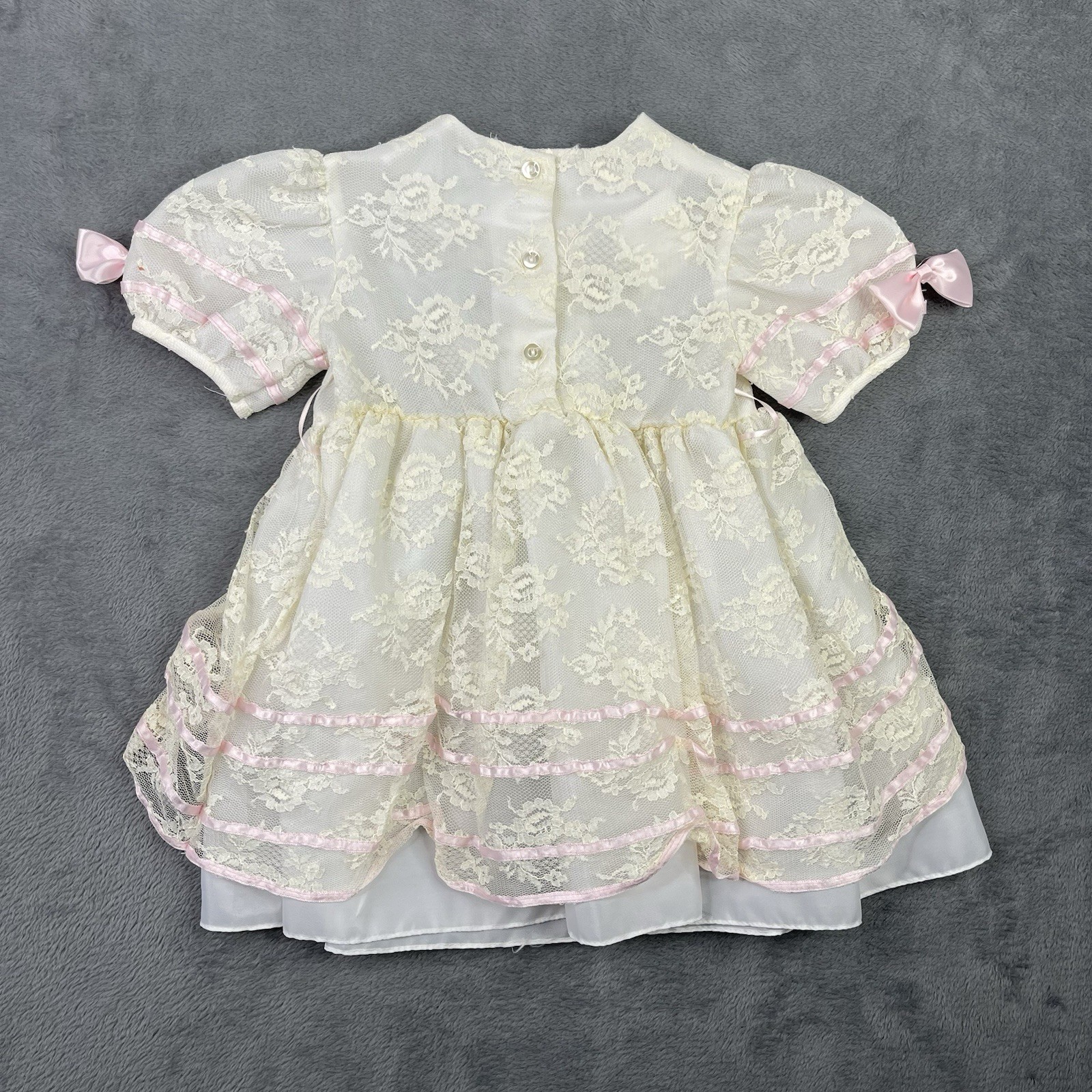 Vintage Baby Sheer Dress Girls 3T Pink Floral White Lace Bow Ribbon Party 70s