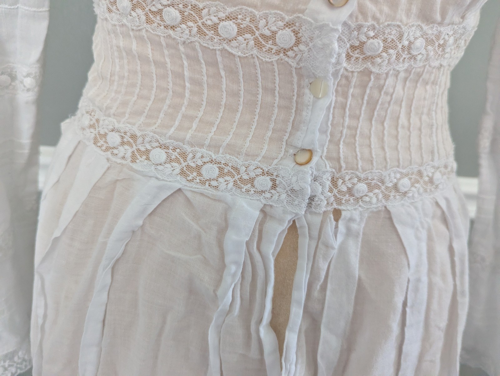 Vtg Edwardian Prairie Boho White Cotton High Neck Summer Maxi Dress Floral Lace