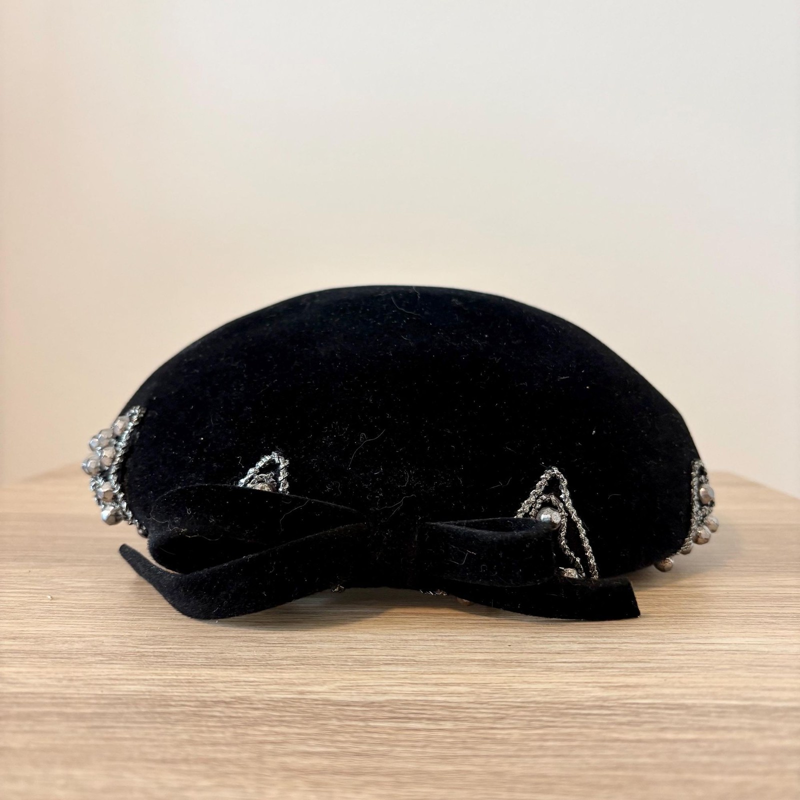 Vintage Black Velvet Juliet Cap Hat Versailles France Beaded Trim Cocktail