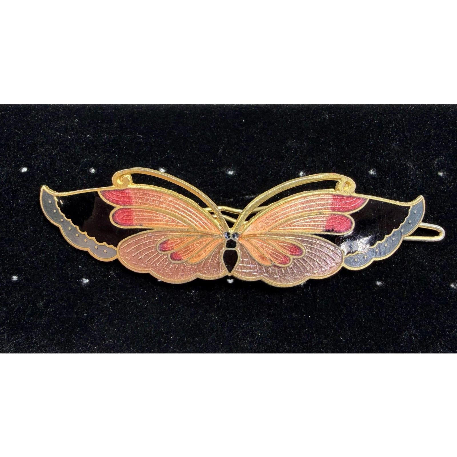 Vintage Cloisonne Enamel Butterfly Barrette Gold Tone Hair Clip
