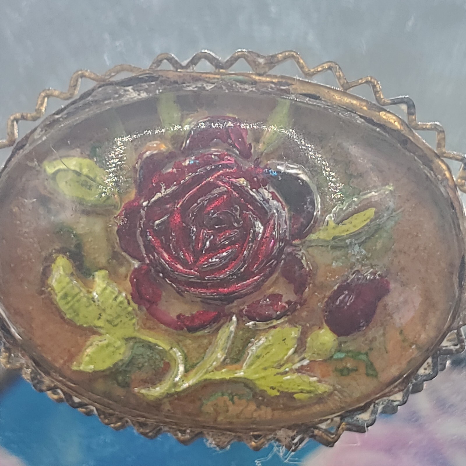 Vintage Czech Glass Belt Sash Buckle Reverse Painted Rose Goofus One Piece