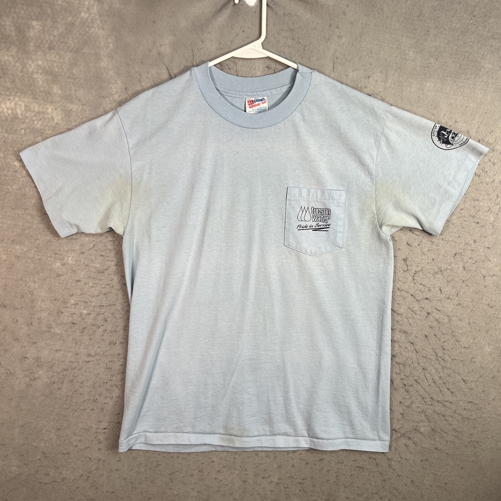 VTG 80s Tuscon Arizona Water Pride In Service Pocket T Shirt Adult Large Blue