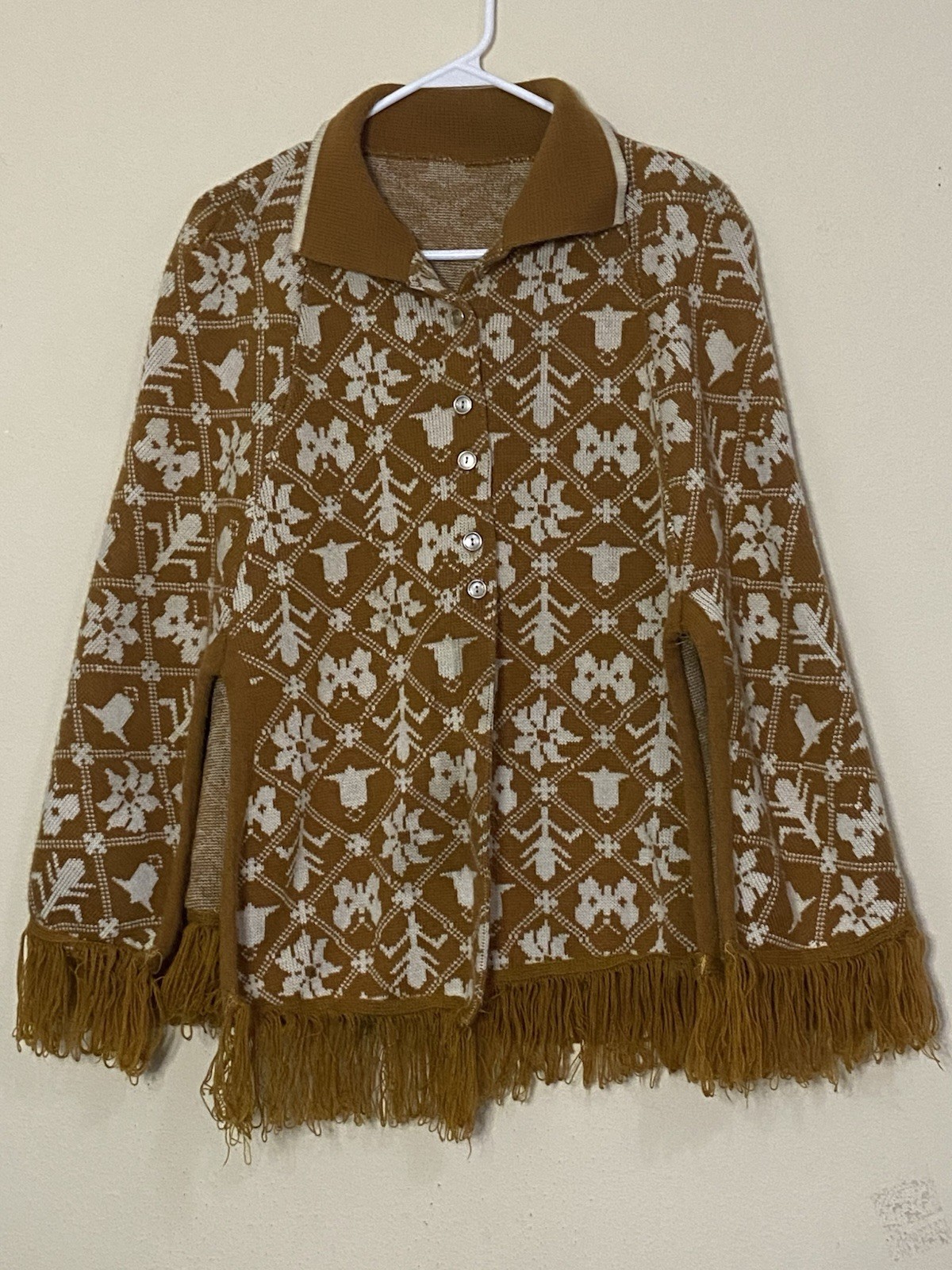 VTG OOAK Women’s Handmade Knit Cape Poncho Fringe Folk Art Boho Wester L/XL 70s