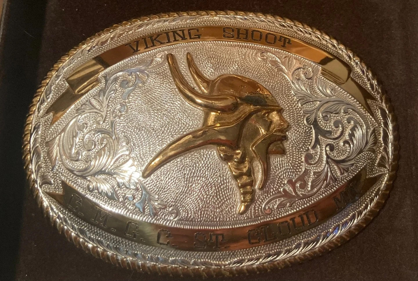 Vintage Metal Belt Buckle, Silver and Brass, Viking School, St Cloud, Minnesota