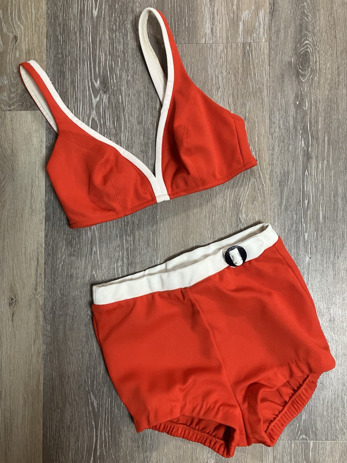 Vintage Roxanne Bikini Swimsuit Red Orange High Waist Two Piece Pinup USA 32C